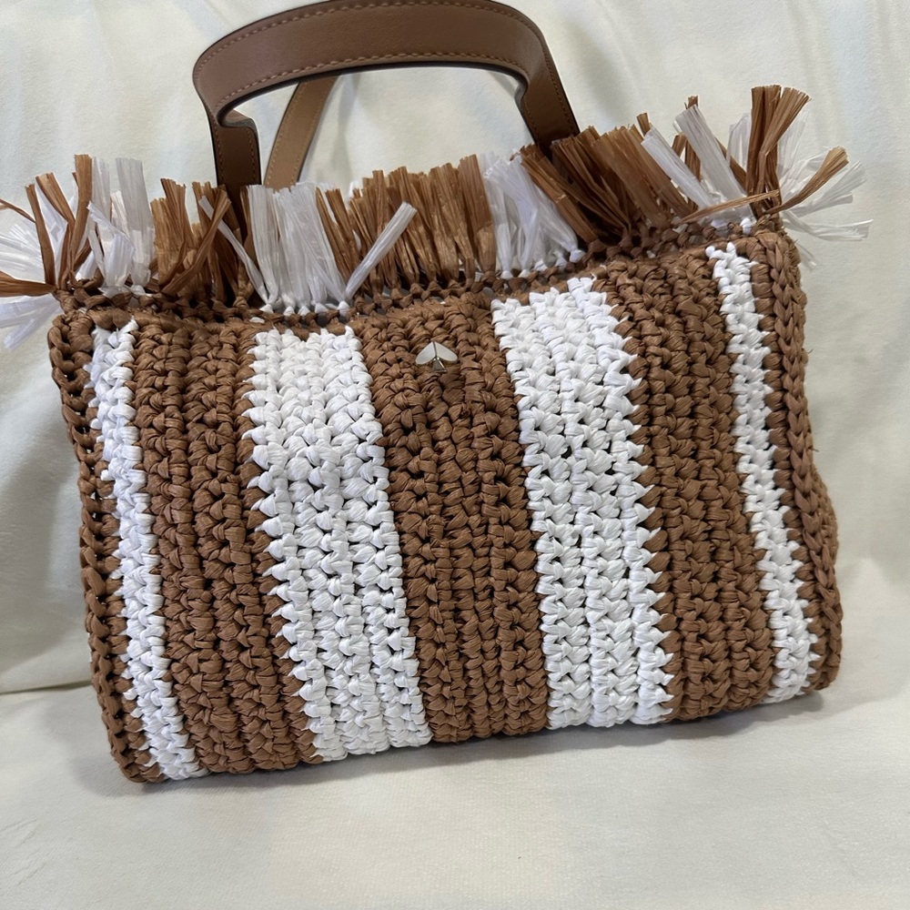 Kate Spade Sam Stripe Straw Medium Satchel  White/Brown